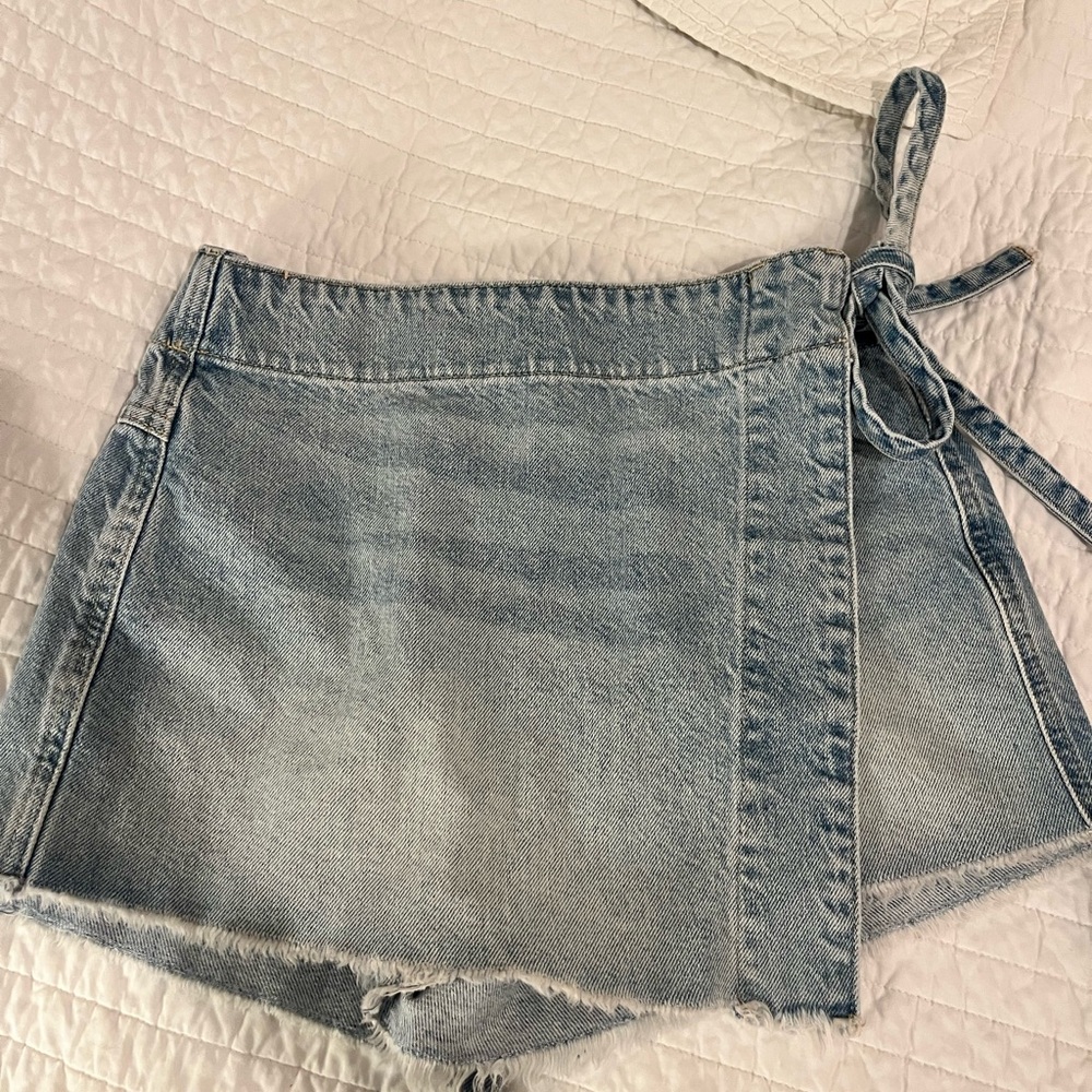Free People Light Blue Wrap Denim Skort with Side Tie